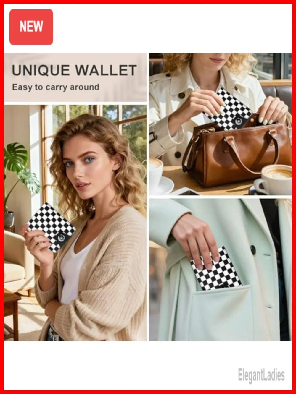 Checkered Slim Bifold Credit Wallet RFID Blocking Card Holder Zipper Coin Pocket